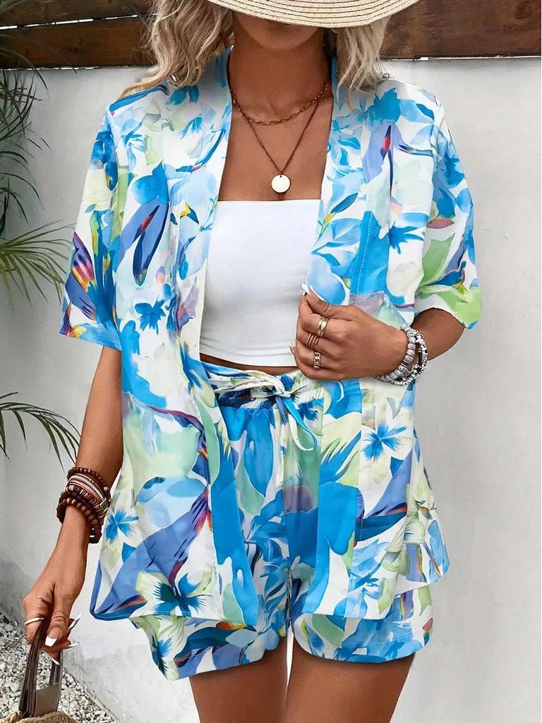 2025 Trendy Vacation Print Two-Piece Set: Elegant Short Sleeve Top & Tie-Waist High Waist Shorts