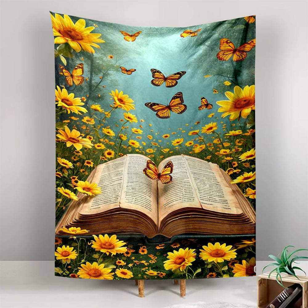 Open Book with Sunflowers and Butterflies Patterned tapestry for bedroom and living room home decor