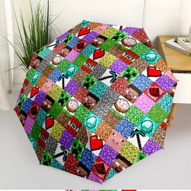 Sandbox Game Print Automatic Open Close Umbrella, Portable Foldable Umbrella, for Outdoor Commute Camping Trip, Ideal Birthday Gift