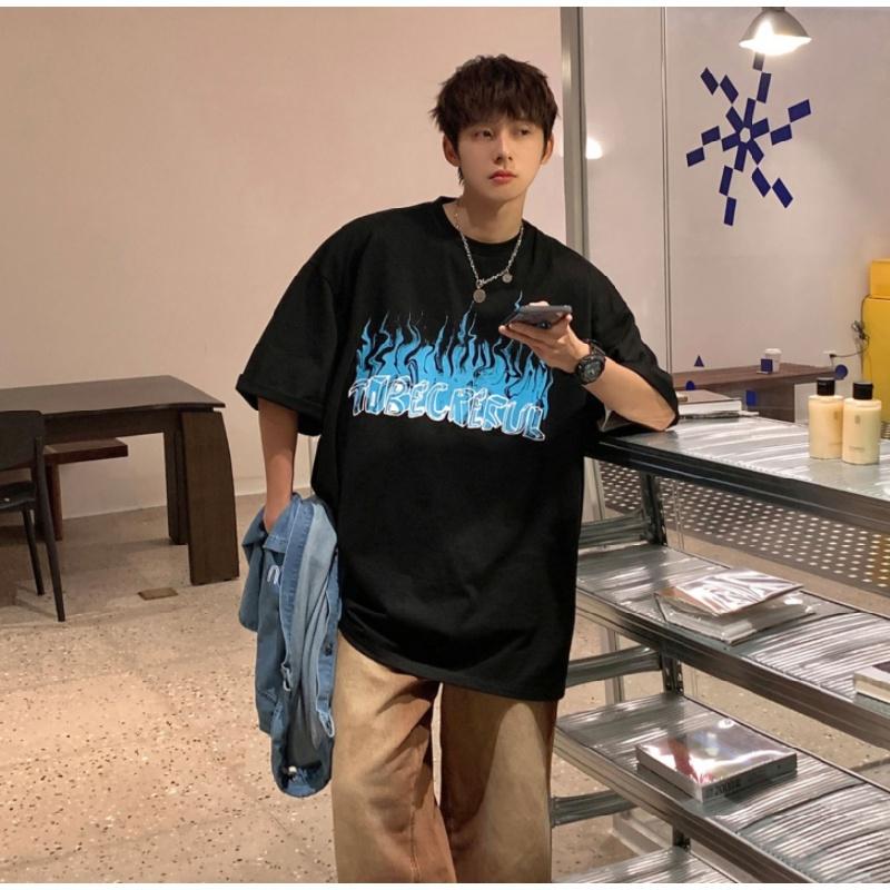 Men Short Sleeve T-Shirts Letter Graphic Print Half Sleeve Tshirts Pullover T-shirt Casual Tee Man Korean Casual Round Neck Retro Tops For