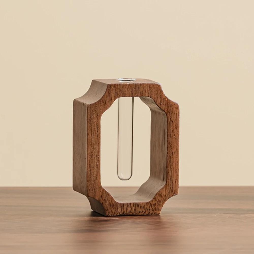 

Creative Walnut Wood Chinese-Style Solid Wood Flower Vase Desktop Decoration Glass Plant Planter Vase Home Elegant Decorative