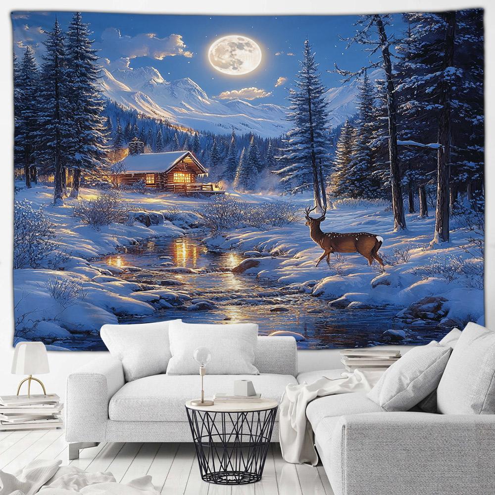 Winter Forest Elk Tapestry Farmhouse Stream Snowy Animal Nature Landscape New Year Christmas Home Living Room Decor Wall Hanging