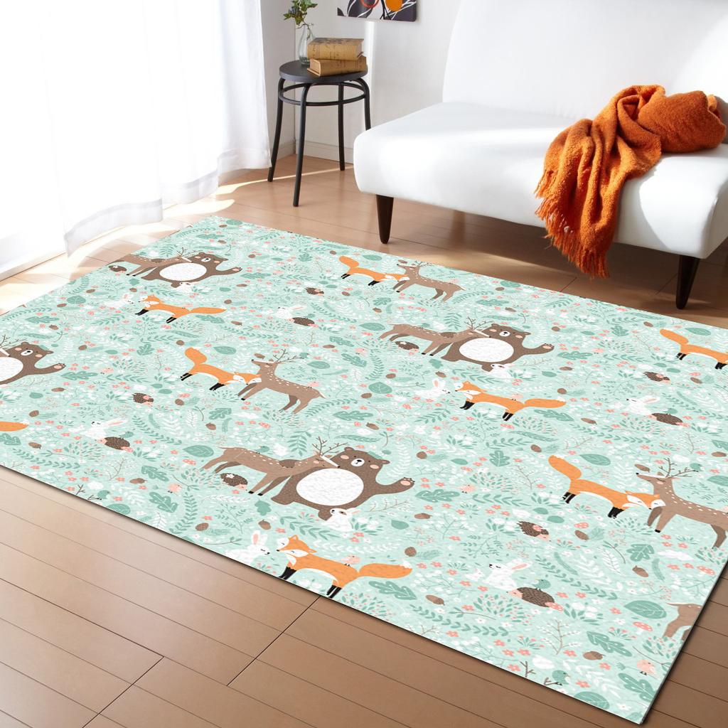 Cartoon Waldtiere Teppich Baum Fuchs Bär Kaninchen Kinder Teppiche für Schlafzimmer Modernes Zuhause Großer Teppich für Wohnzimmer Fußmatte