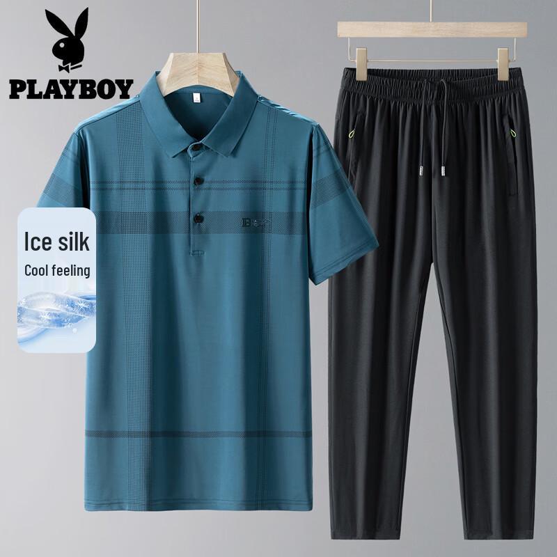 PLAYBOY Men s Summer Ice Silk Polo Sport Suit 4XL