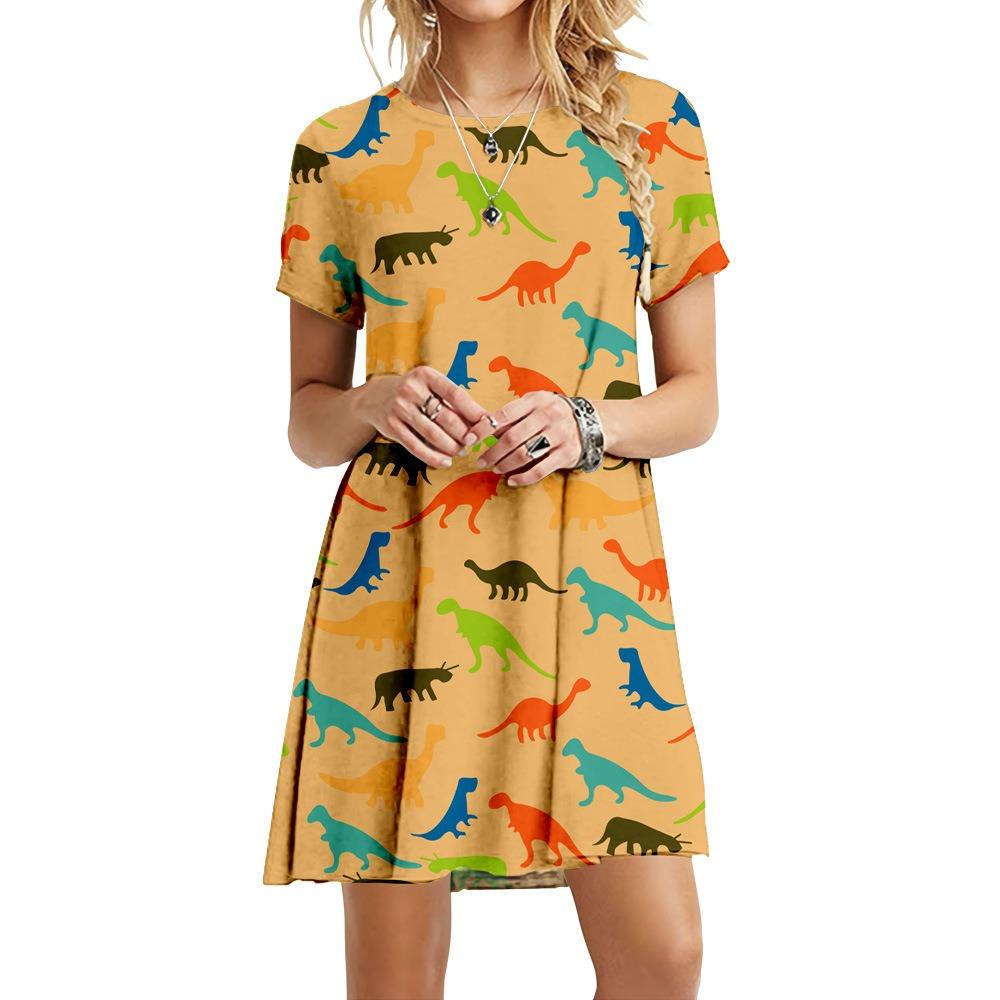 3D dinozor baskılı elbise yaz kadın kısa kollu Kawaii elbise moda giyim günlük yuvarlak yaka mini etek