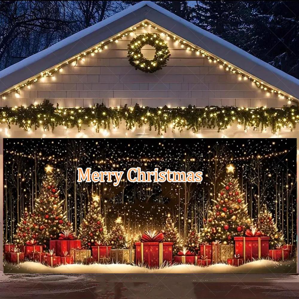 Merry Christmas Garage Door Background Banner Xmas Tree Gift Santa Claus Backdrop Winter Christmas Party Outdoor Wall Decoration