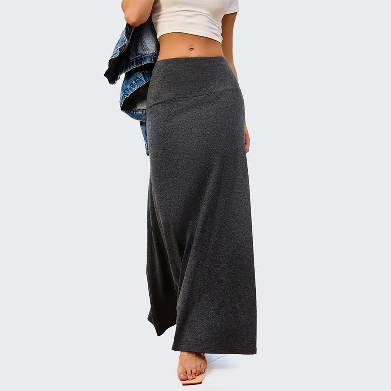 European & American Commuter A-Line Midi Skirt - Solid Color, Knit, Polyester-Cotton, Micro-Elastic, Spring/Autumn Wear