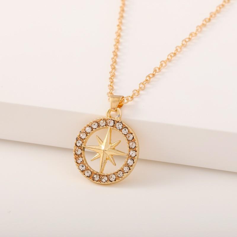Compass Star Pendant Necklace, Dainty Crystal Inlaid Stainless Steel Chain for Women