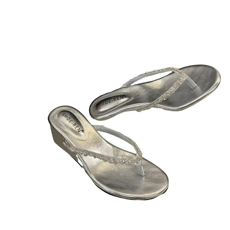 Rhinestone with sloping heel flip-flops female summer casual wear holiday beach temperament fashionable cool slippers