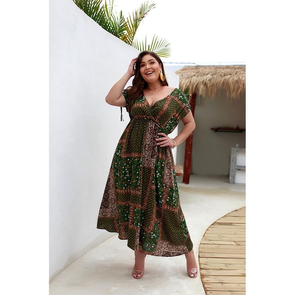V Neck Retro Floral Print Women's Dresses Bohemian Short Sleeve Loose Female Spring Clothes Elegant Plus Size Vestidos Mujer
