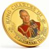 Kung av England, Charles III, kröningsmedalj, minnesmynt, kreativt pläterat guldmynt, samlarobjekt, porträttmynt
