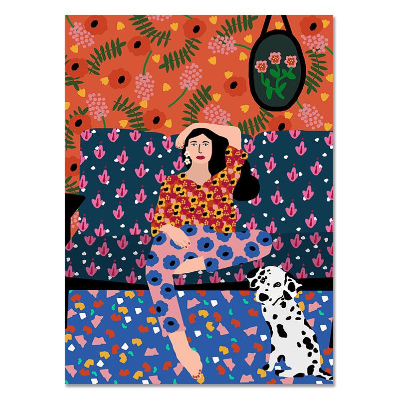 Abstract Fashion Vintage Girl Plant Dog Wall Art Canvas Painting Nordic Posters And Prints Wall Pictures For Living Room Decor