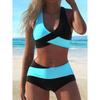 Farbblock Überkreuzter Rückenfreier 2-Teiler Bikini, Neckholder zum Binden, Dehnbare Badeanzüge, Damen Bademode & Kleidung