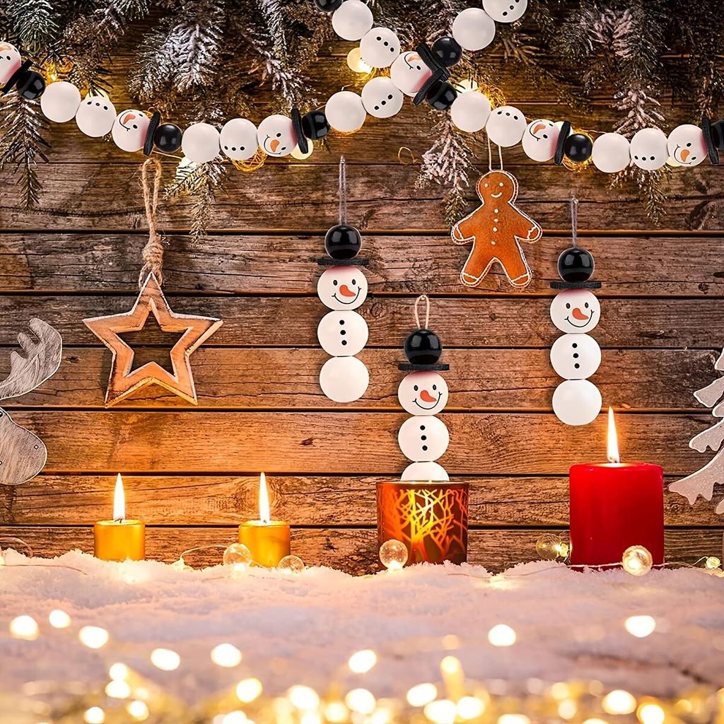 50pcs/100pcs Christmas Snowman Wooden Beads With Jute Twine Unfinished Winter White Round For DIY Crafting Making Holiday Party