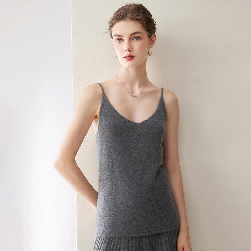 2026 Le Kasha Women's Cashmere Slim-Fit V-Neck Camisole - Autumn/Winter Solid Color Pullover Base Layer