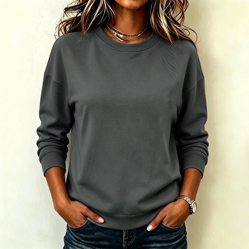 Women's Fashion Long Sleeve Pullover Sweatshirt Crew Neck Solid Color Casual Lightweight Soft Fabric Top for Everyday Wear