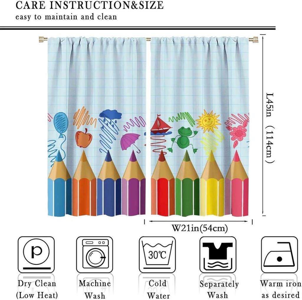 Kids Cartoon Pencil Curtains Colorful Crayons Art Printed School Curtain Nursery Bedroom Living Room Home Polyester With Rod Pocket Washable Sitting