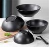Black Melamine Tableware Black Matte Stripe Ramen Bowl Plastic Household Rice Noodle Salad Bowl Kitchen Dumpling Ramen Bowl Set