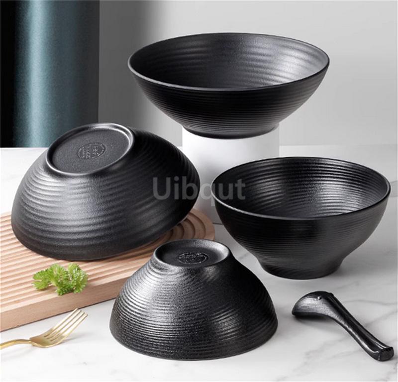 Black Melamine Tableware Black Matte Stripe Ramen Bowl Plastic Household Rice Noodle Salad Bowl Kitchen Dumpling Ramen Bowl Set