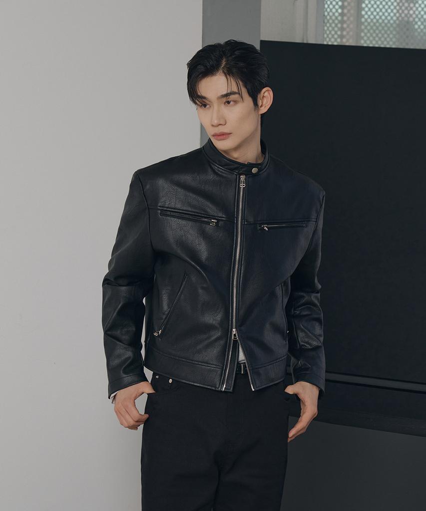 Laurantseoul Essential Cracked Leather Biker Jacket(Black)