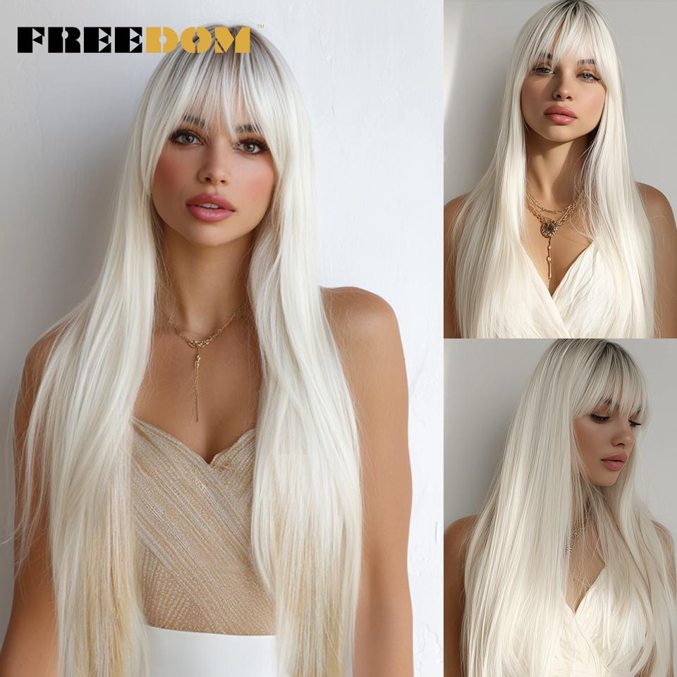 

FREEDOM Long Straight Wig With Bangs Synthetic Wigs For Women White Purple Ombre Wig Heat Resistant Fiber Cosplay Wigs (as the picture,32inches)