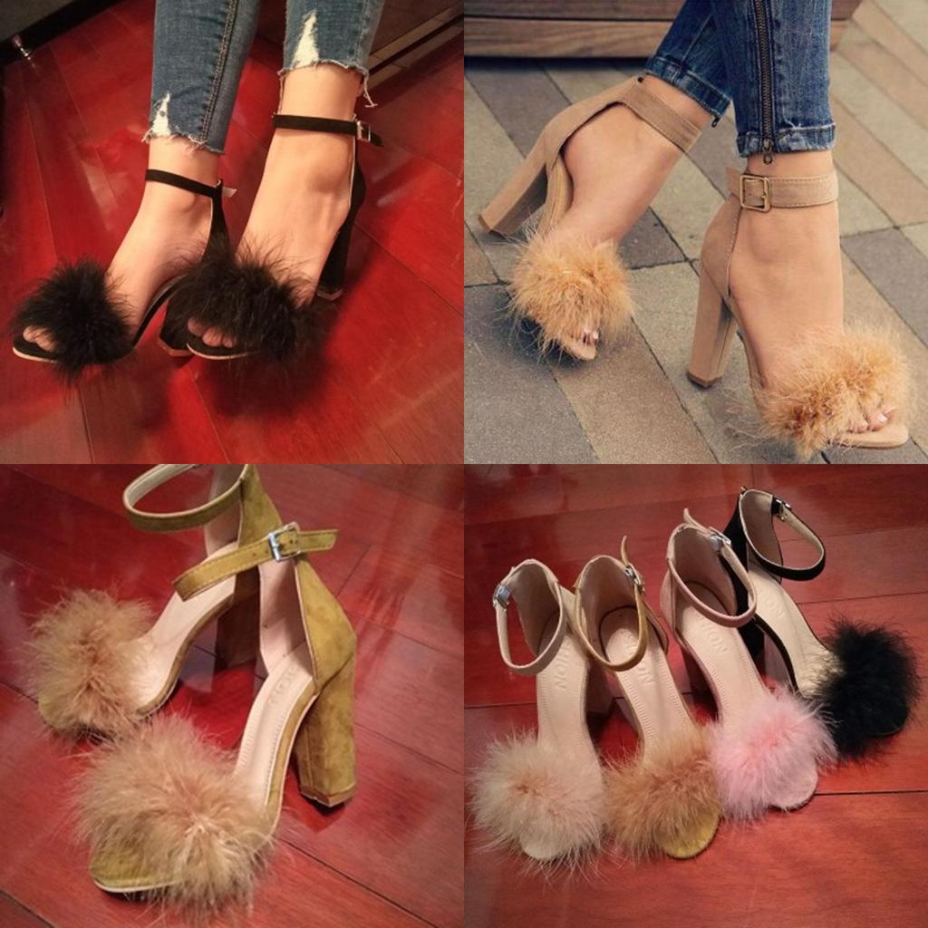 Elegant Womens Fashion Summer Lace Up High Heel Sandals With Hair Ball Design