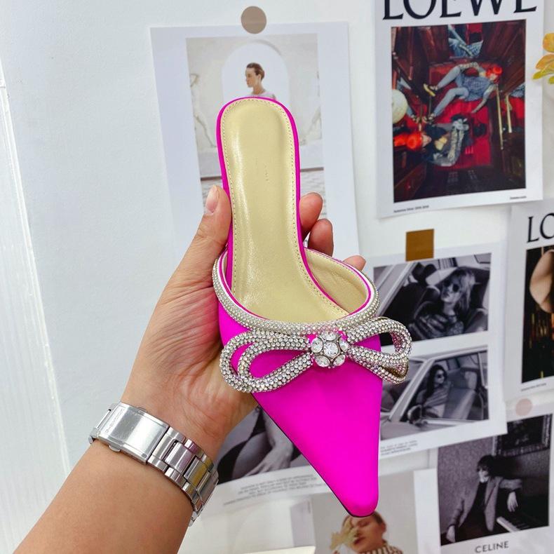 New European and American sexy half-drag bag head women's shoes summer bow pointed head thin heel high heel slippers fashionable wear versatile