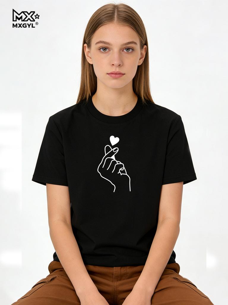 7 Colors Finger Heart Print T Shirt Women Short Sleeve O Neck Casual Tshirt Summer Women Tee Shirt Tops Clothes Camisetas Mujer