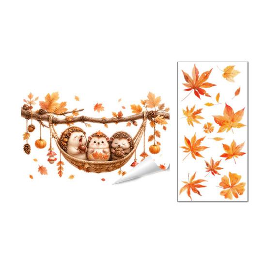 Pumpkin Window Art 2Pcs Fall Maple Leaves Animals Static Stickers, Autumn Squirrel/Hedgehog/Rabbit/Raccoon Glass Waterproof Decals PVC Clings for Home