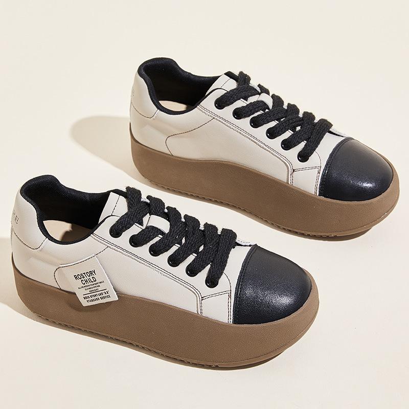 Genuine Leather White Shoes Women's  Autumn Retro All-match Sneakers Thick-soled Women's Shoes Niche Virtue Training Rocking Shoes