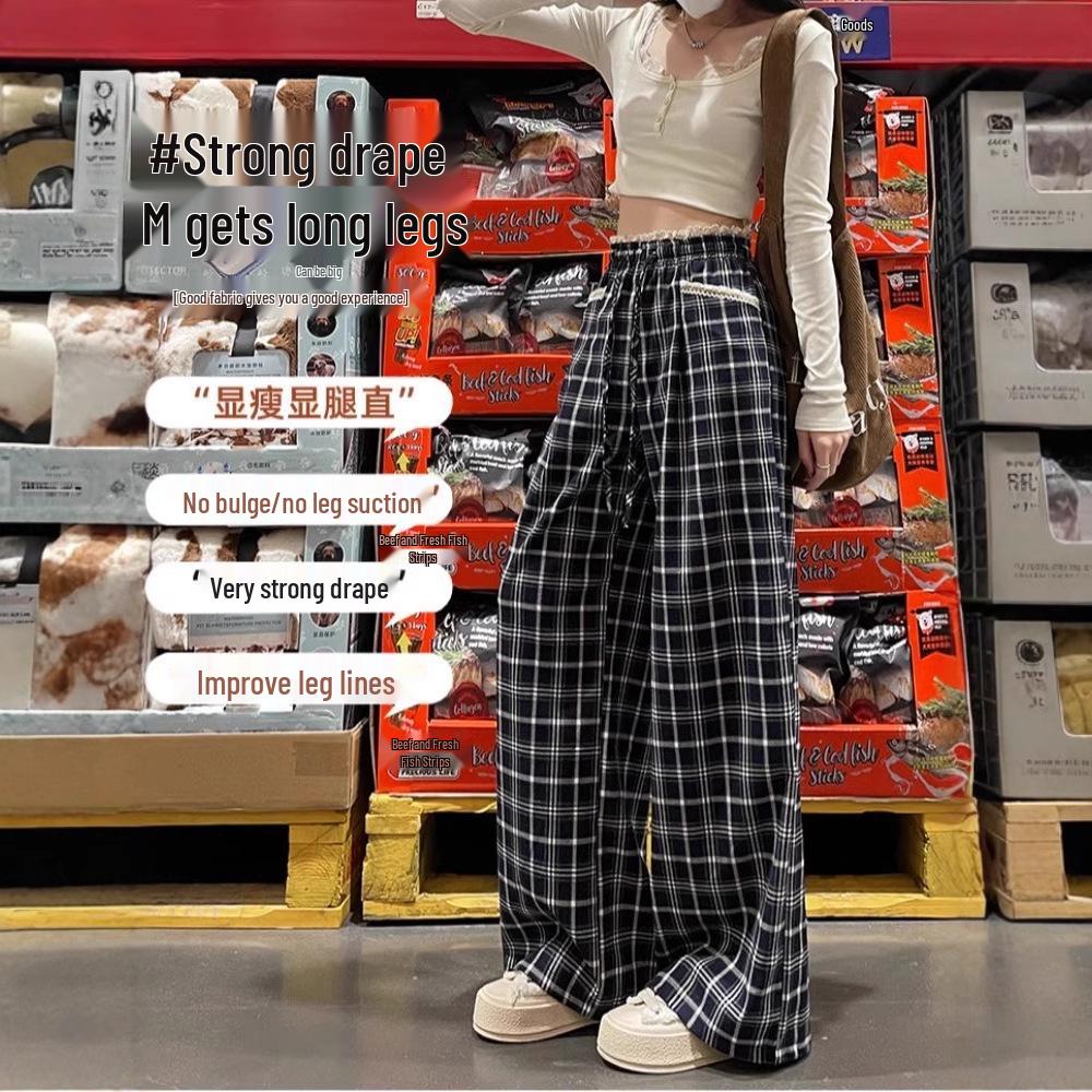 

Женские клетчатые повседневные брюки с высокой талией и кружевом - Корейский стиль, приталенные, прямые, широкие L - Premium синий