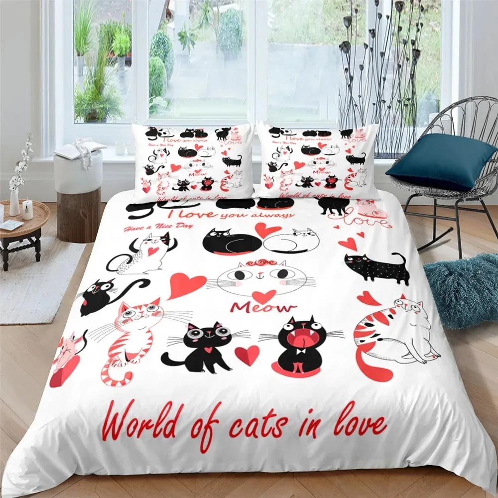 Cartoons Niedliche Katze Bettbezug Polyester Bettdeckenbezug Kissenbezug Junge Mädchen Liebevolle Tiere Bettwäscheset King Queen Full Size