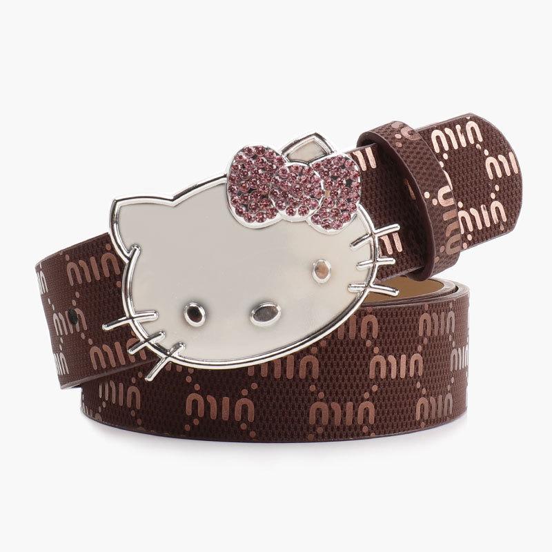Metalowy Pasek Damski Hello Kitty z Nadrukiem Litery i Cyrkoniami do Codziennego i Eleganckiego Ubioru