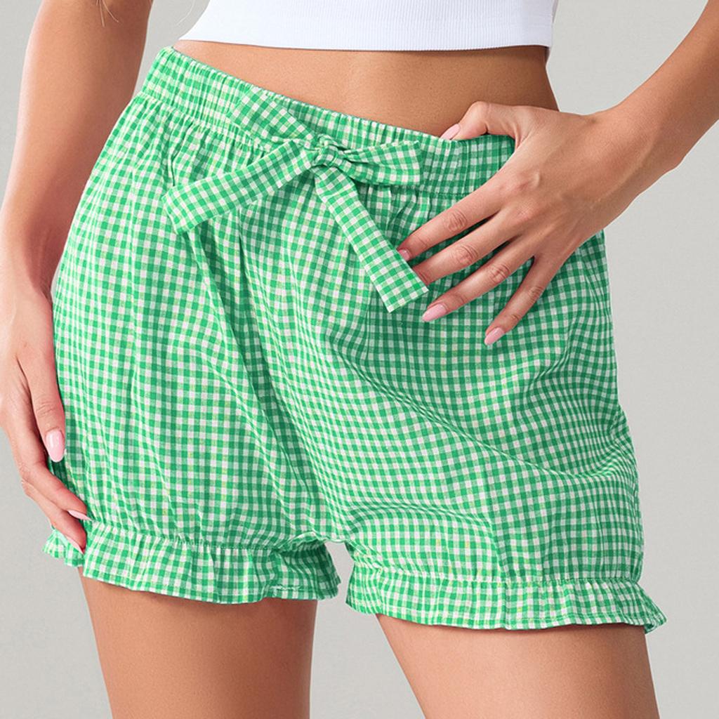 Pantalones Cortos Casuales Holgados para Mujer de Cintura Alta con Lazo y Cintura Elástica a Cuadros