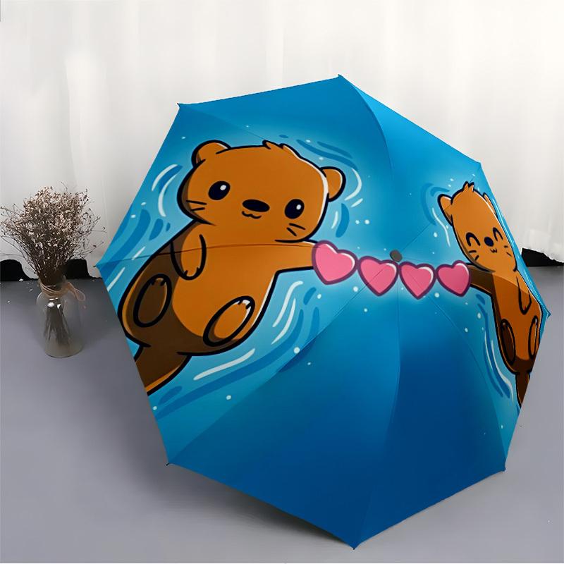 1pc Otters Love Automatic Folding Umbrella - Compact 8-Rib Design, Durable Plastic & Iron, Lightweight for Outdoor Daily Use051