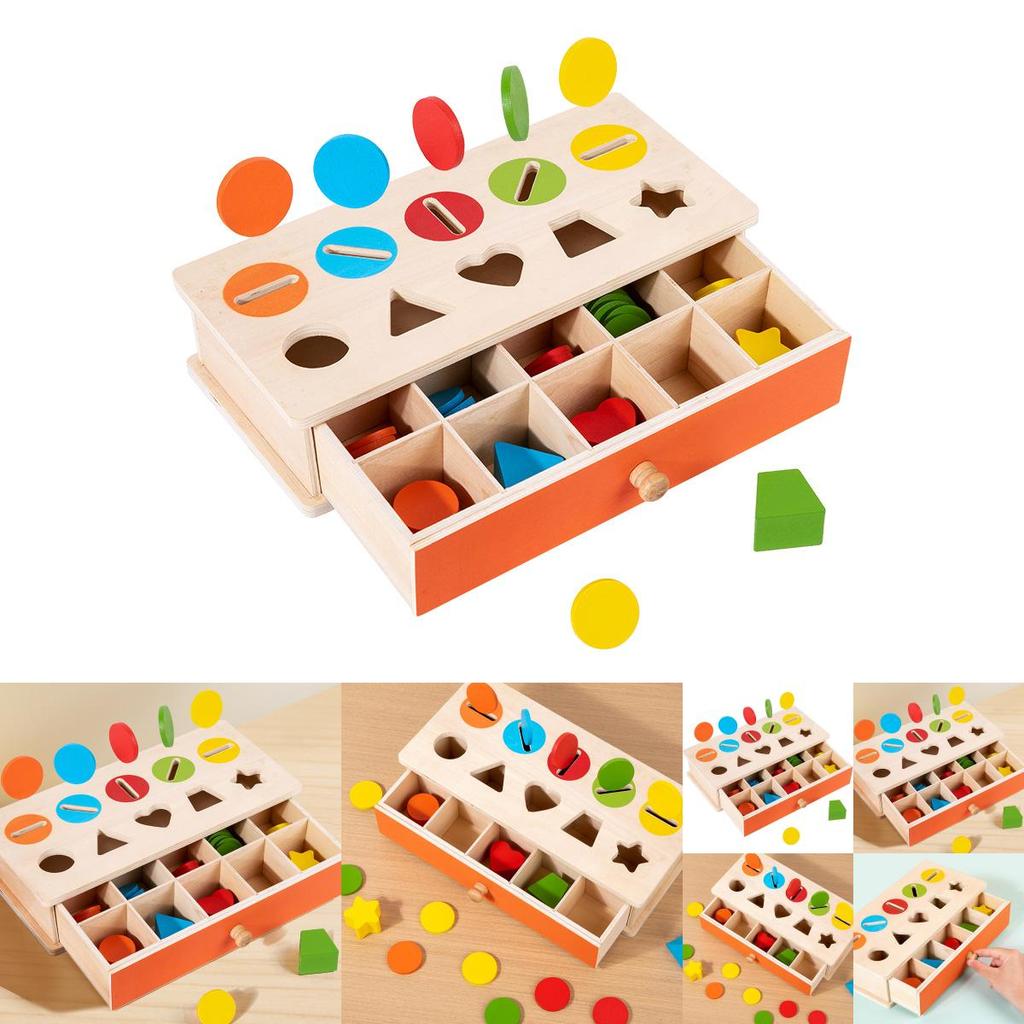 Hölzernes Montessori Lernspielzeug Farb-Form-Zuordnung Münzen Aufbewahrungsbox Für Kleinkinder