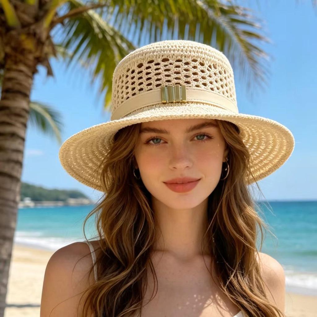 British retro belt flat top top hat straw knitted vacation hat women's spring summer breathable sun protection shade straw hat