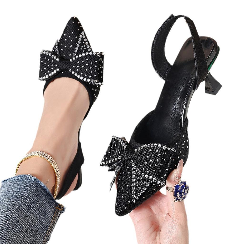 Fashion Denim Rhinestone Women's Shoes 2025 Spring New Bow High Heels Summer Hollow Pointed Thin Heel Set Women's Sandals Large Size