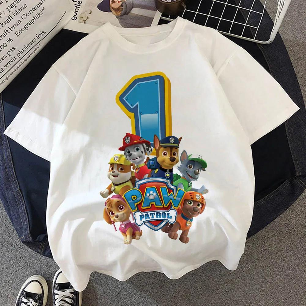 Paw Patrol Birthday Number Tee Shirt Baby Summer Cotton T Shirt Boy Girl Chase Skye Printed Kid Clothes Cartoon Letter Tops Gift
