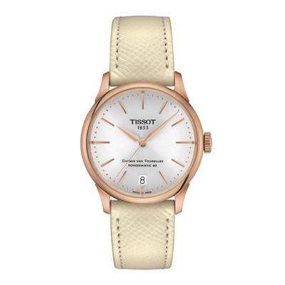 TISSOT Chemin des Tourelles Powermatic 80 Horloge, 34mm, Lederen Band, Zilveren Wijzerplaat [Officiële Import] T1392073603100