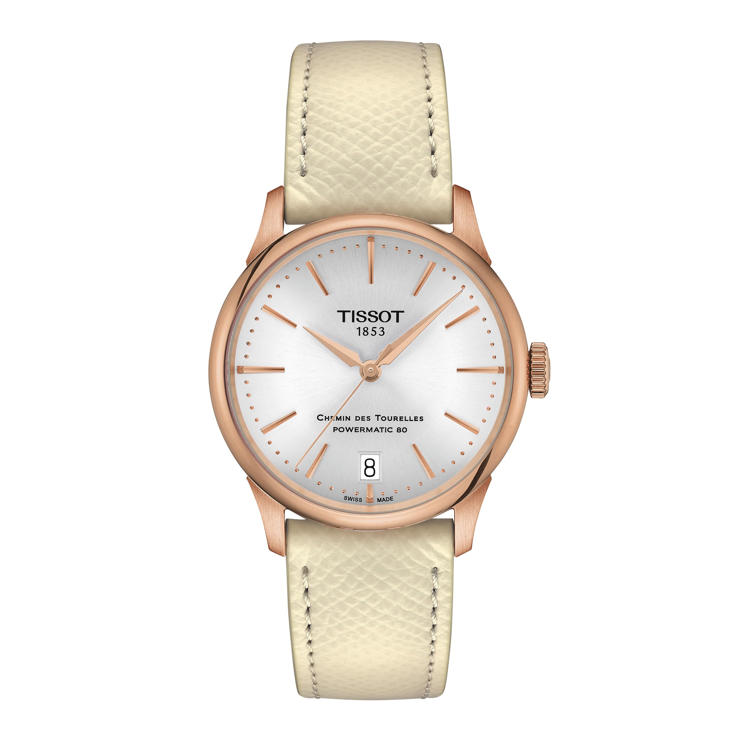 

TISSOT Chemin des Tourelles Powermatic 80 Watch, 34mm, Leather Strap, Silver Dial [Official Import] T1392073603100