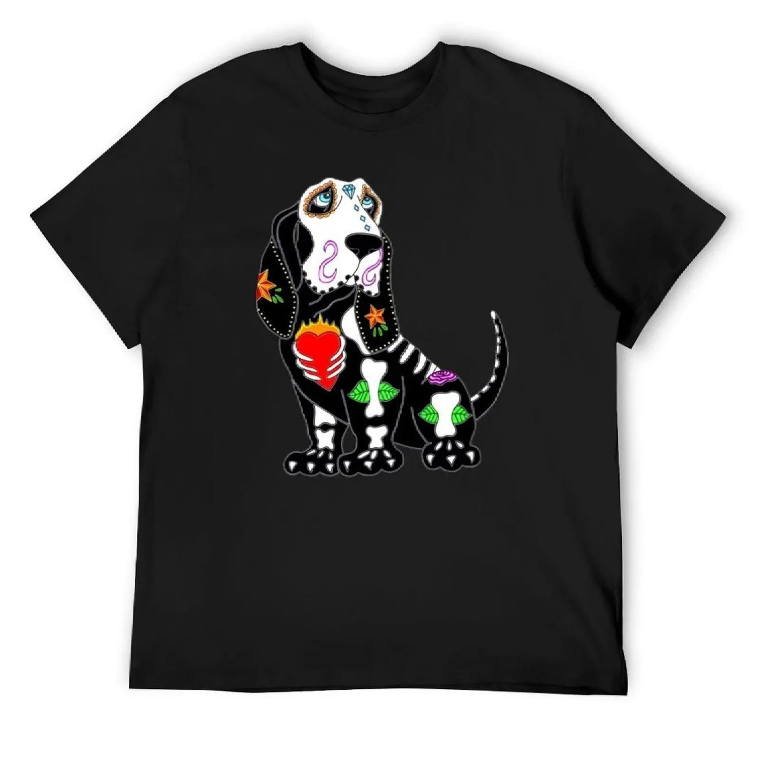 Basset Hound Sugar Skull T-Shirt T-shirts man cotton graphic tees shirts graphic tee luxury clothes men S