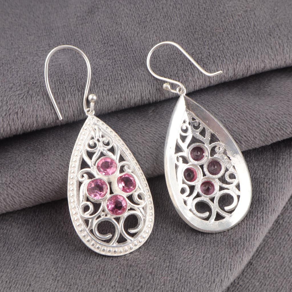 Pink Tourmaline Gemstone 925 Stamped Silver Handmade Earrings 2.25" Gift For Mom CE-17-10