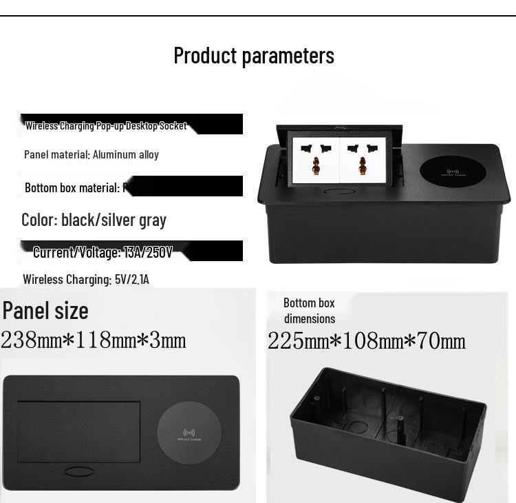 Two-Pin Three-Hole 250V/13A Pop-Up Desktop Socket with Wireless Charging