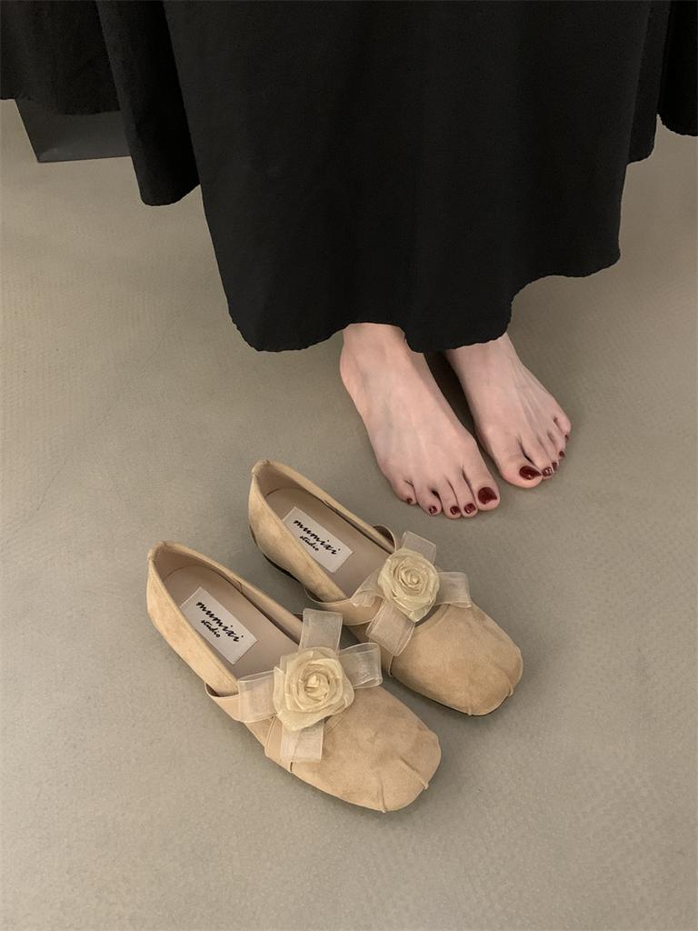 Square Head Sweet Flower Princess Shoes French Flat Bottom Shallow Mouth Single Shoes Fashion Versatile Elastic Band Ballet Shoes Fringe