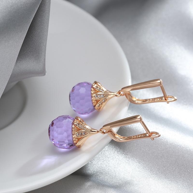 New Fashion Rose Gold Round Purple Crystal Ball Drop Earrings For Women Wedding Party Luxury Trendy Daily Jewelry