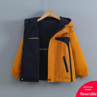 Boys' Velvet-Lined Hooded Ski Jacket, 2026 Spring/Autumn Style, Double-Sided Wear for Medium and Large Children
