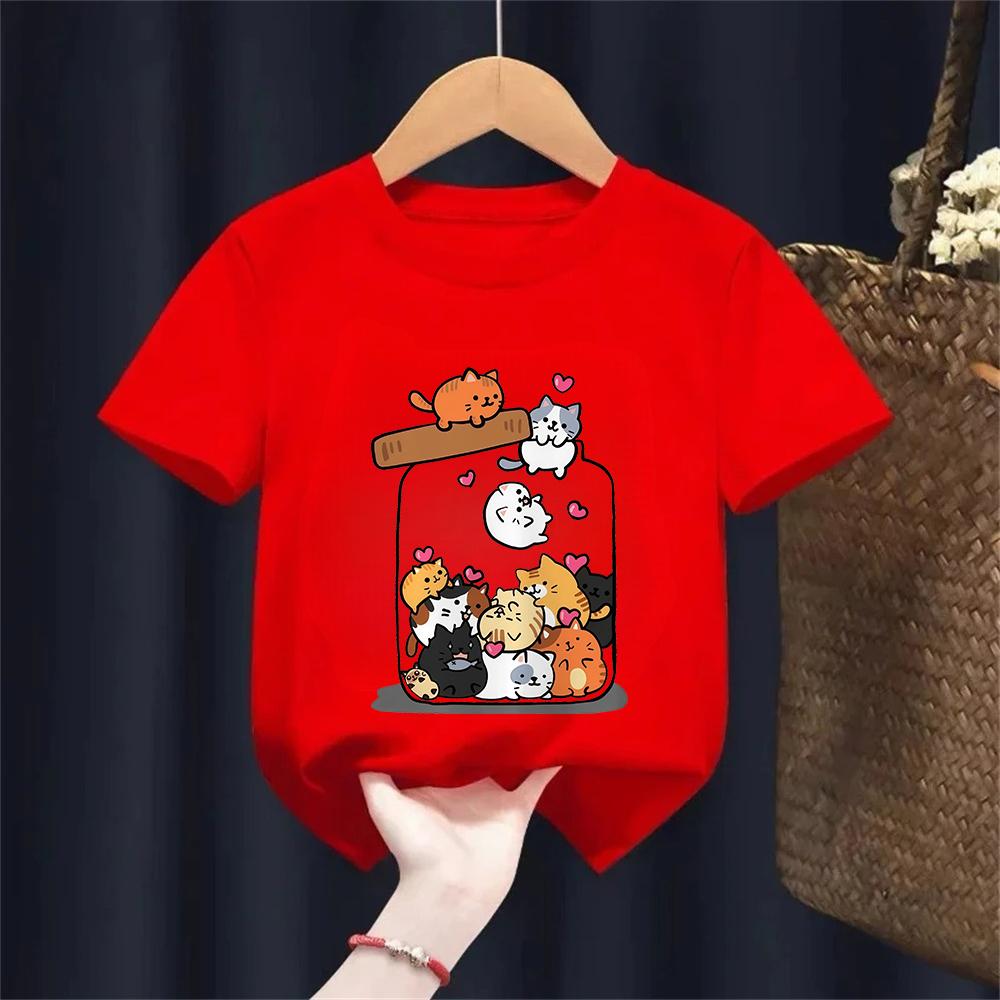 Fashion Funny Cat T Shirt Kids Letter Print Short Sleeve Round Neck Boys Girls Casual Summer Breathable Tshirt