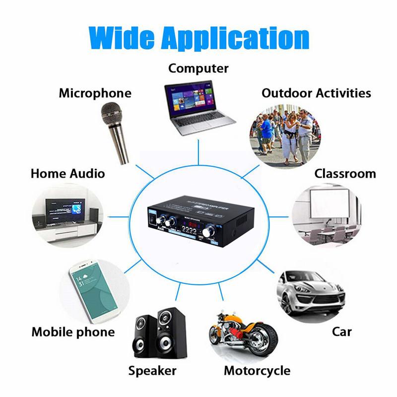 AK35 800W Amplificadores de potência 2 canais Bluetooth 5.0 Surround Sound FM USB Controle remoto Mini HIFI Amplificador digital estéreo