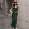 Women's Halter Neck Deep V Neck Top with Tie Detail and Long Skirt Set Casual Two Piece Outfit Summer Beachwear